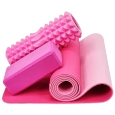 Набор для йоги, фитнеса и пилатеса: коврик с чехлом + массажный ролик + кирпич для йоги, розовый
