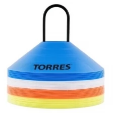 Разноцветные пластиковые спортивные фишки усеченные конусы для разметки поля Torres TR1006-1 на подставке, высота 5 см, диаметр 19 см, 40 штук