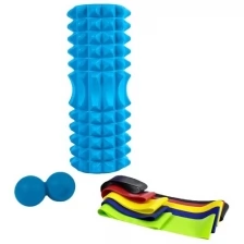 Ролик массажный спортивный для йоги и фитнеса, набор в чехле CLIFF (ролик Strong S 33*13см, массажер-орех, 5 эспандеров ленточных), голубой