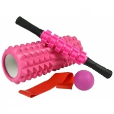 Ролик массажный спортивный для йоги и фитнеса, набор для йоги в чехле CLIFF (валик STRONG S, массажер-роллер, мяч, эспандер), оранжевый